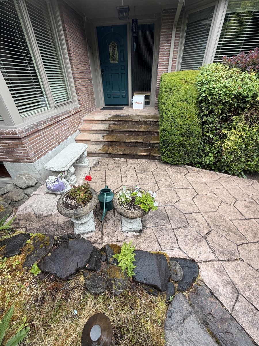 Front entry stamped concrete before cleaning