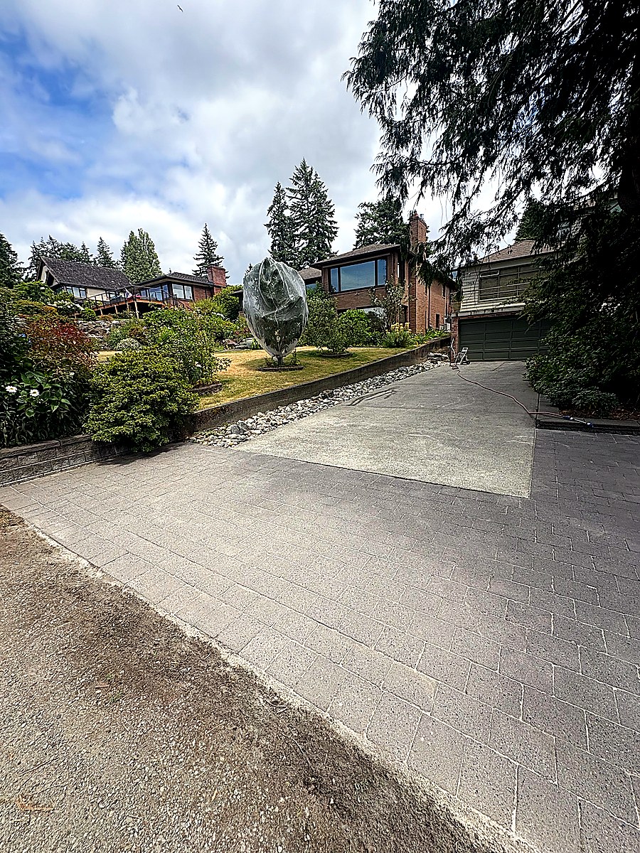 Paver driveway with fresh polymeric sand joints after application